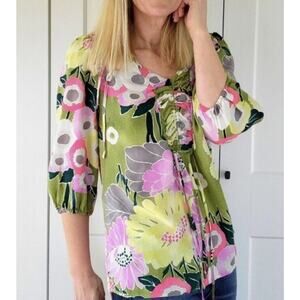 Leifsdottir Anthropologie Floral Patchwork 100% Silk Tunic Blouse 6